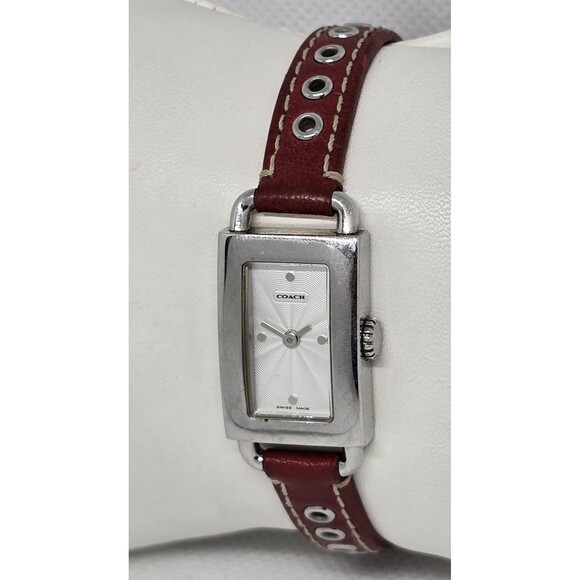 Women\'s Coach Petite Tank Silver Tone Red Leather Strap Watch 0219 14